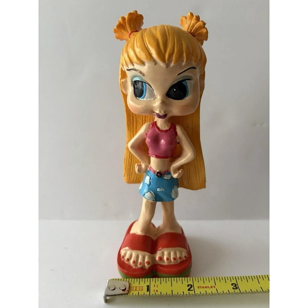 Resin Figurine Sassy Girl Big Eyes Pigtails Pink Top Blue Shorts Flip Flops 6in